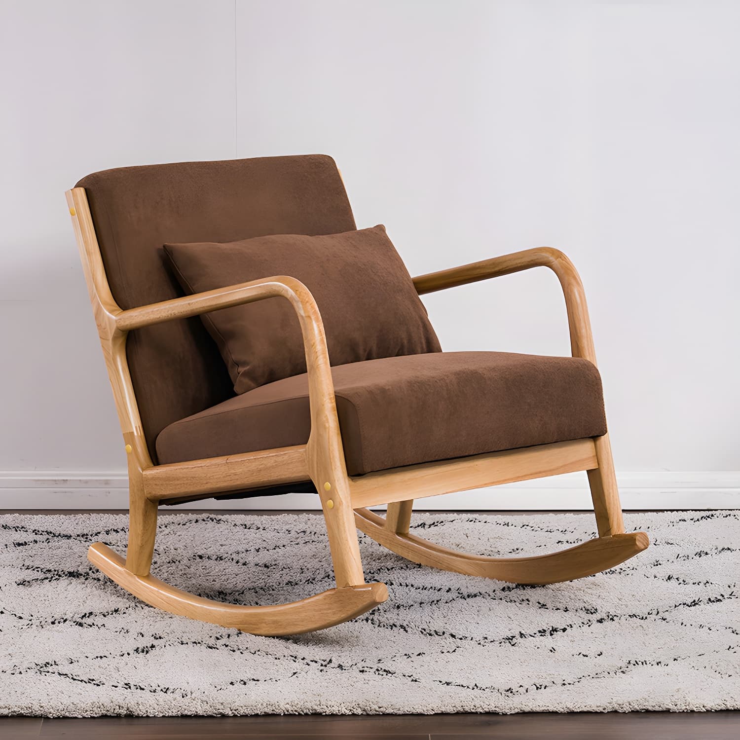 Modern Upholstered Rocking Chair with Natural Wood Legs and Recessed Back Cushion thumbnail 3