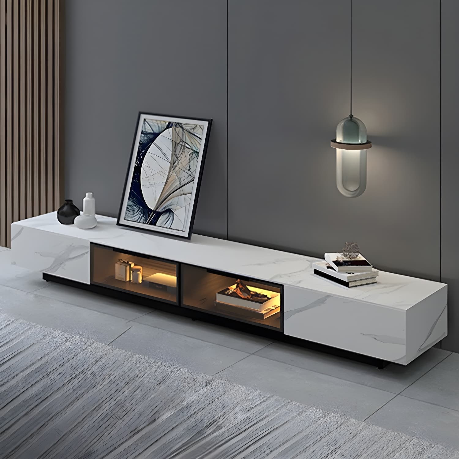 Modern Slate TV Stand White Closed Storage TV Console with Sensor Light thumbnail 2
