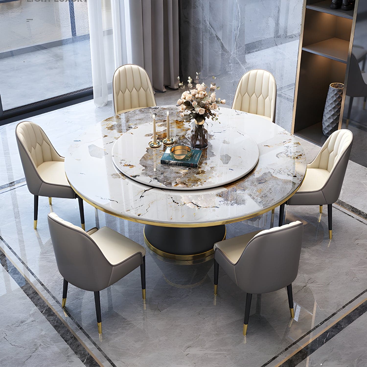 Glam Round Stone Dining Set in White - Fixed Table with Black Metal Pedestal Base thumbnail 2