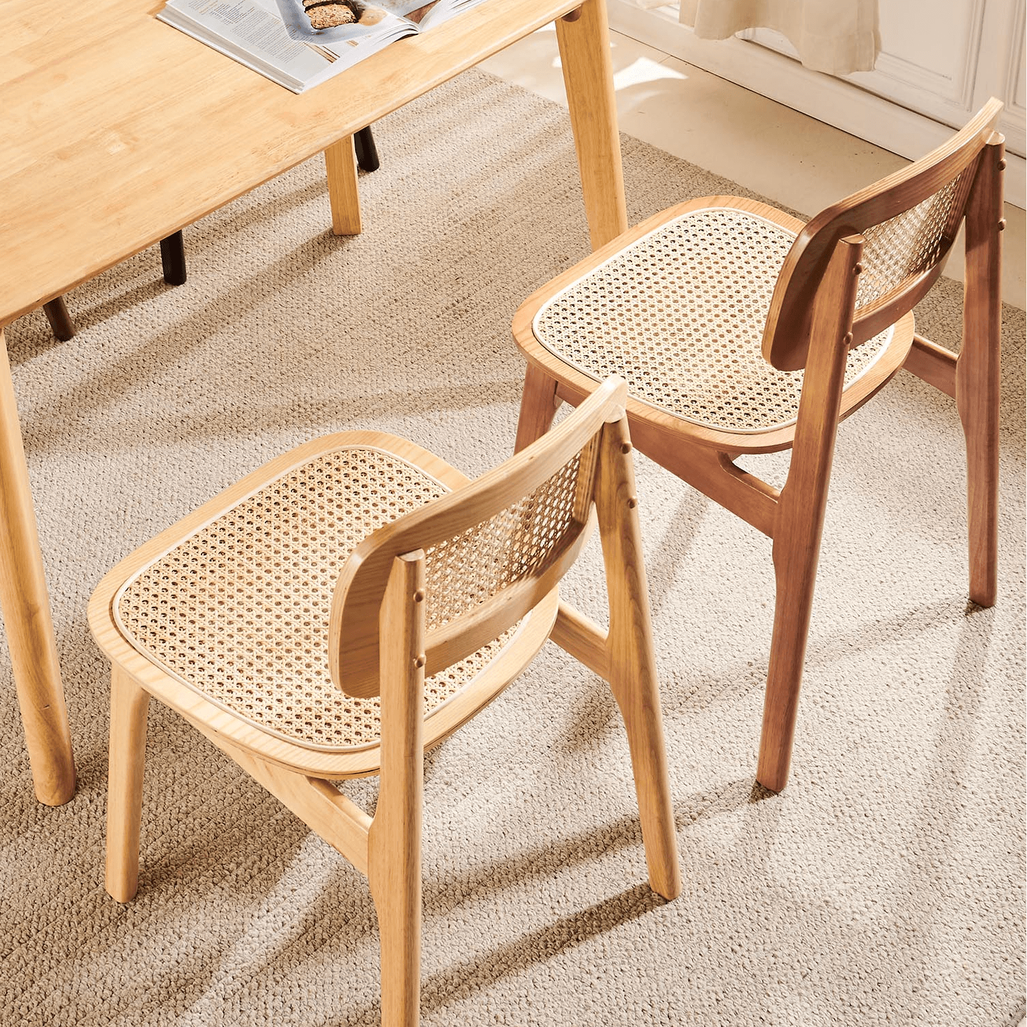 Leatherette/Wood/Rattan Entwined Balanced Armless Chair with Uncovered Back and Timber Legs in Sepia/Ink/Wood Color in a Scandinavian Style thumbnail 17