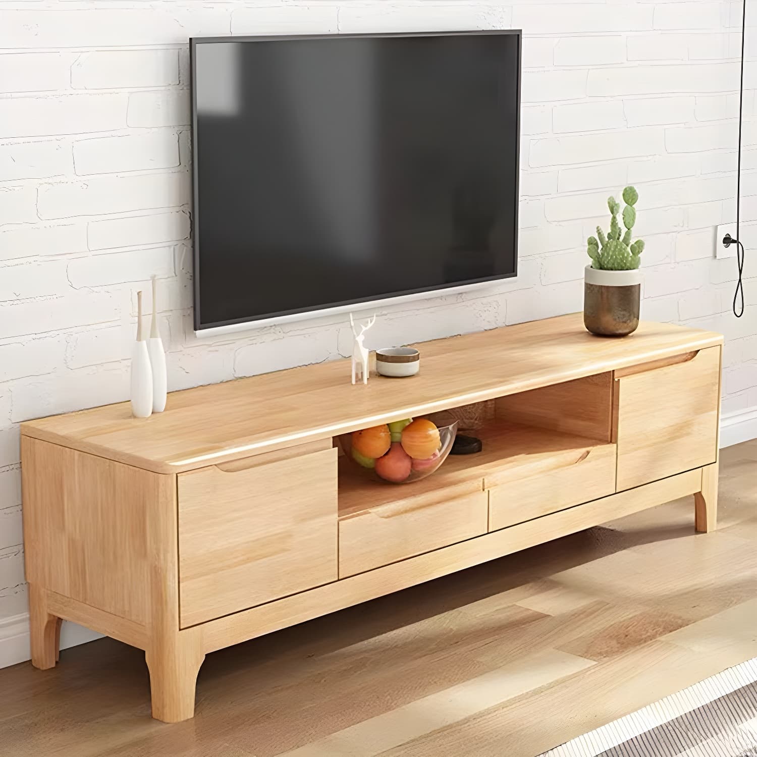 Scandinavian Open Shelf TV Console 2-Cabinet TV Stand with Soft Close Drawers thumbnail 4