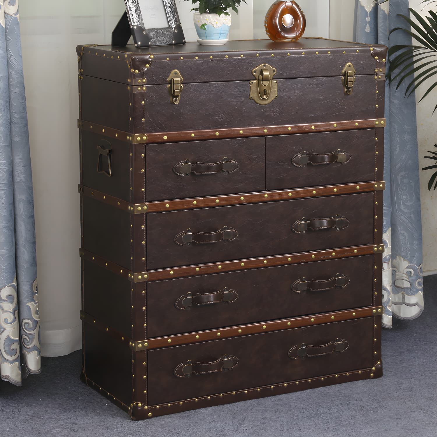 Rustic Leather Chest Vertical Chest with Drawers for Bedroom - image 21