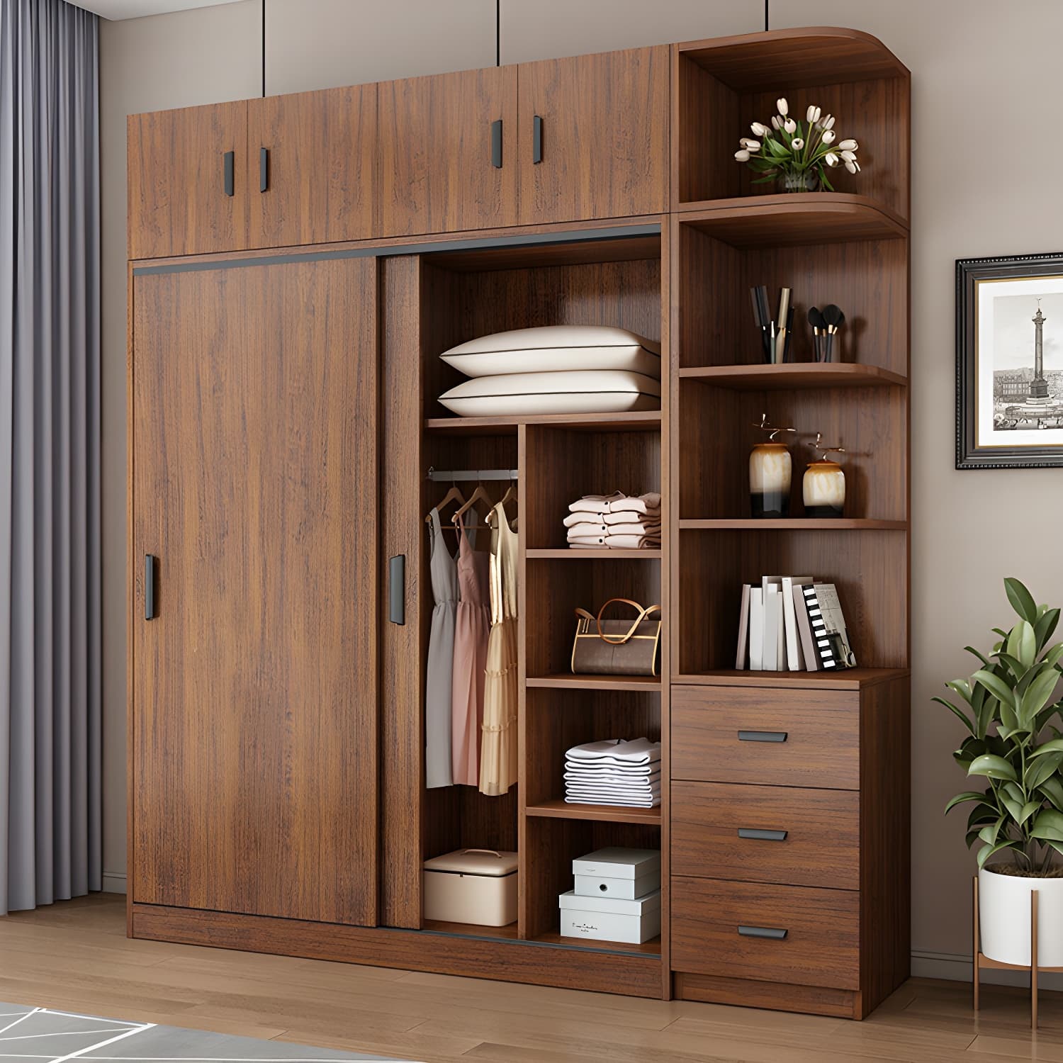 Contemporary Brown Wood Wardrobe Armoire with Clothing Rod & Shelves thumbnail 10