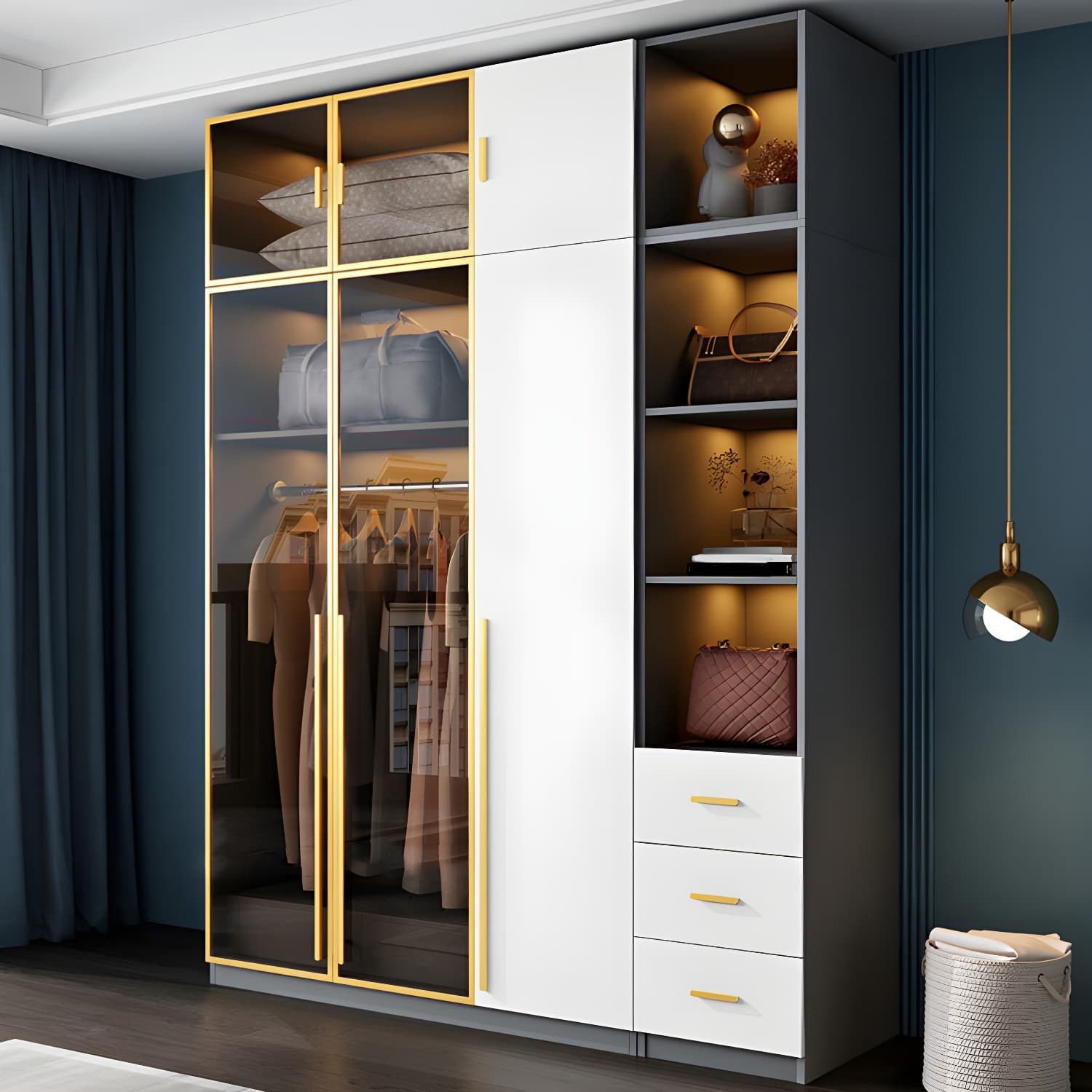 Contemporary Color Block Glass Doors Combination Armoire with Shelves Storage thumbnail 12