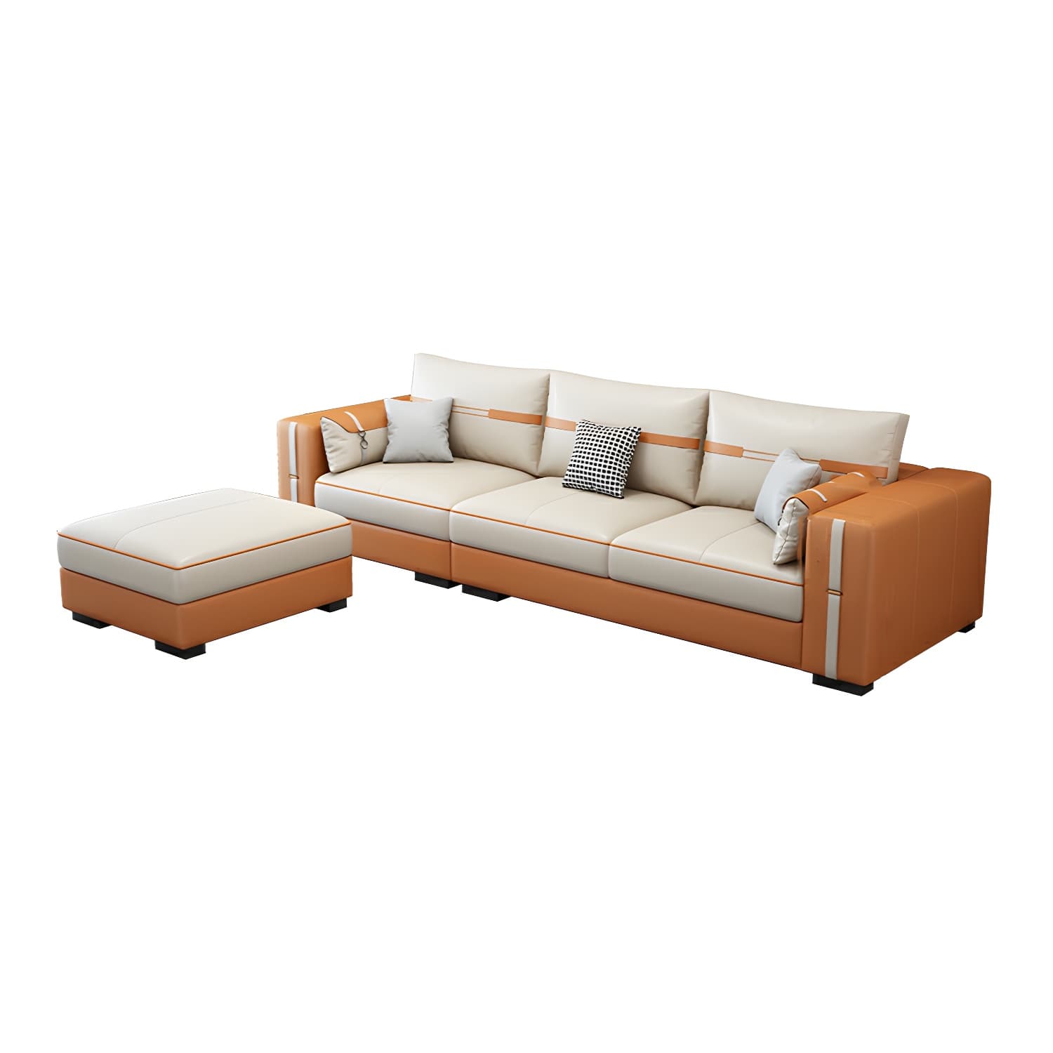 Scandinavian Wood Frame Beige Faux Leather Stationary Sectional Sofa with Cushion Back thumbnail 8