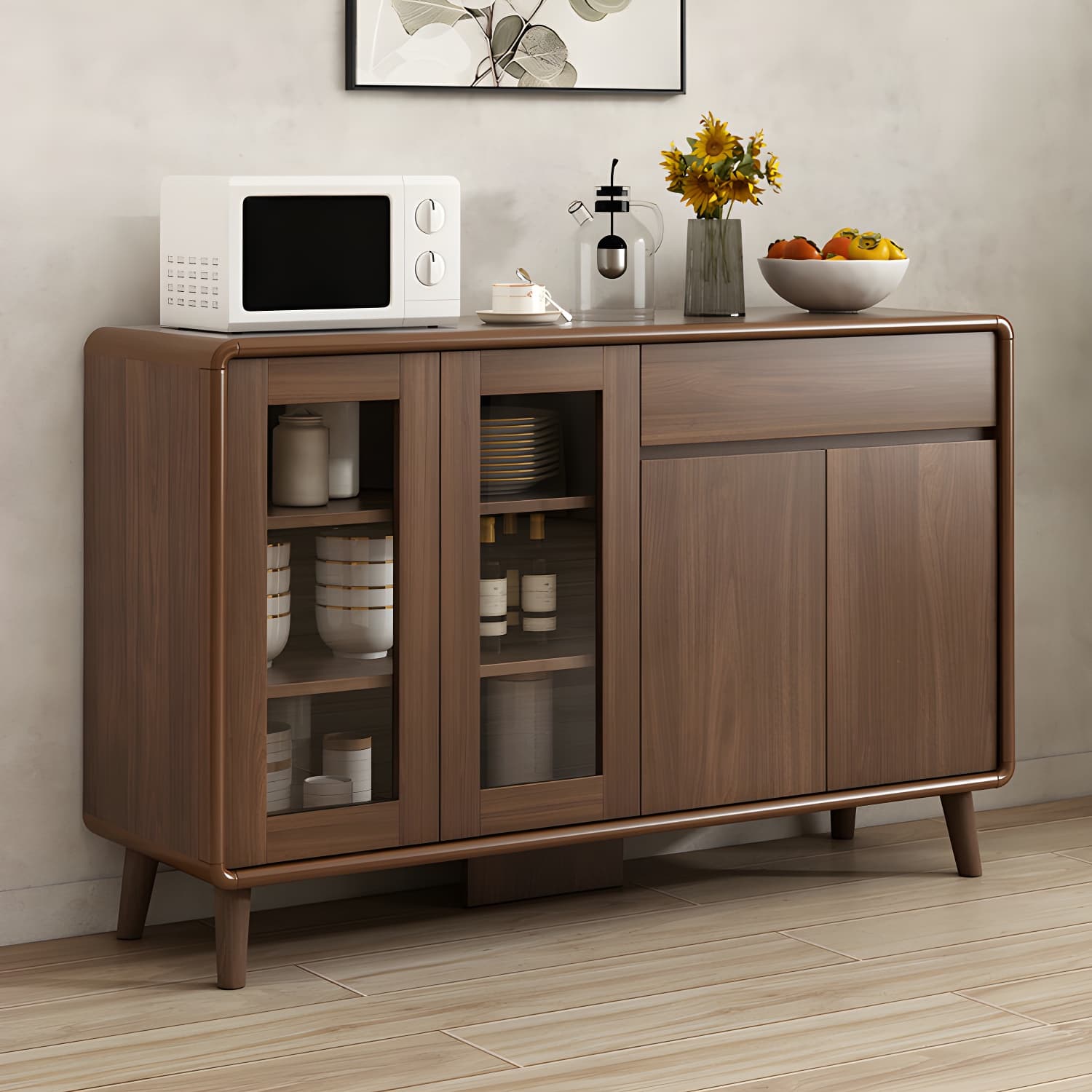 Modern Brown Wood Sideboard with Cabinets and Drawers - Stylish and Functional Buffet for Storage thumbnail 2