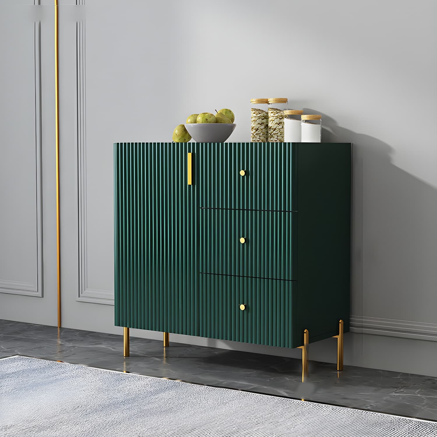 Living Room Glam Faux Wood Sideboard with Shelves and 3 Drawers