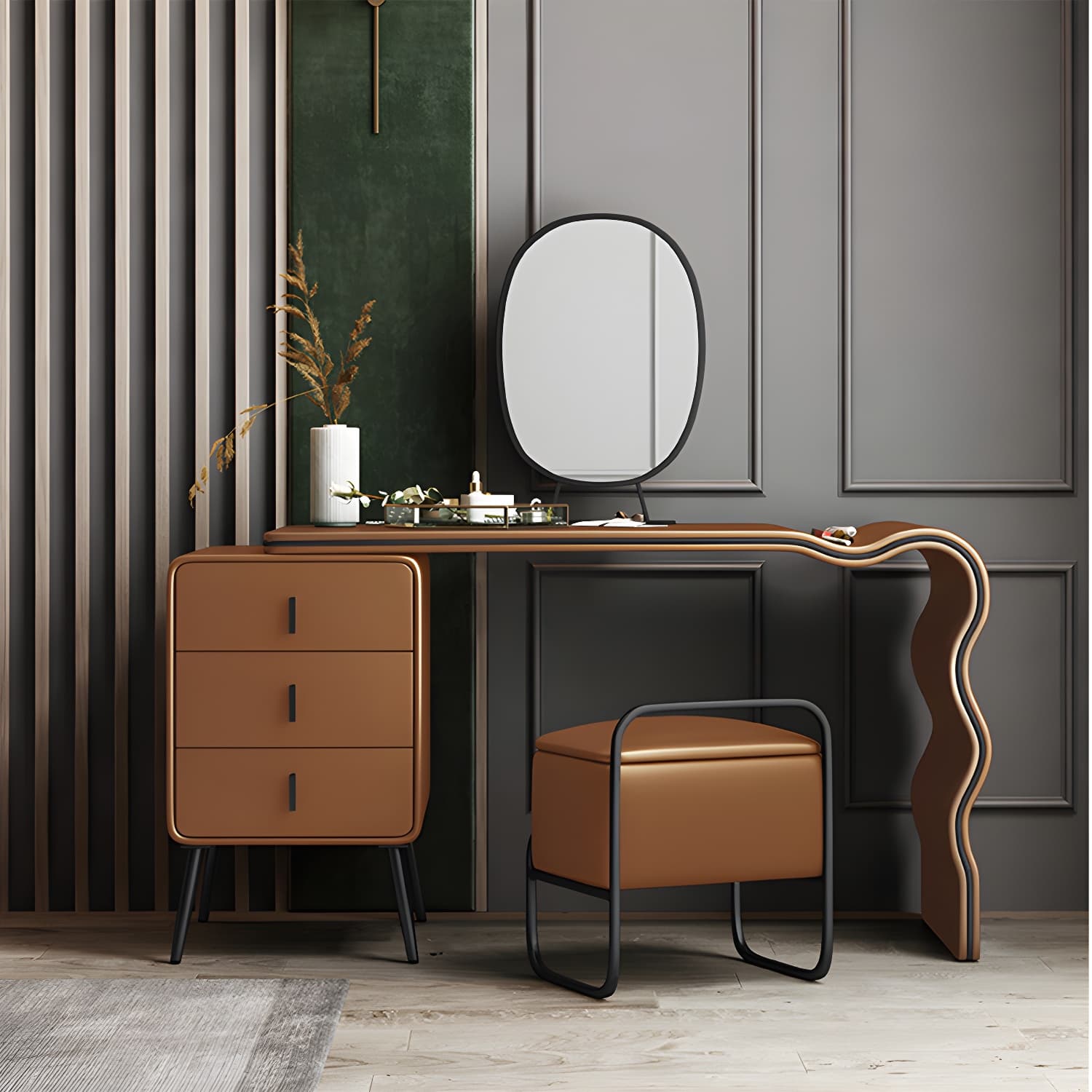 3 Drawers Make-up Vanity Set, 28.74" H Leather Vanity with Stool & Mirror thumbnail 21