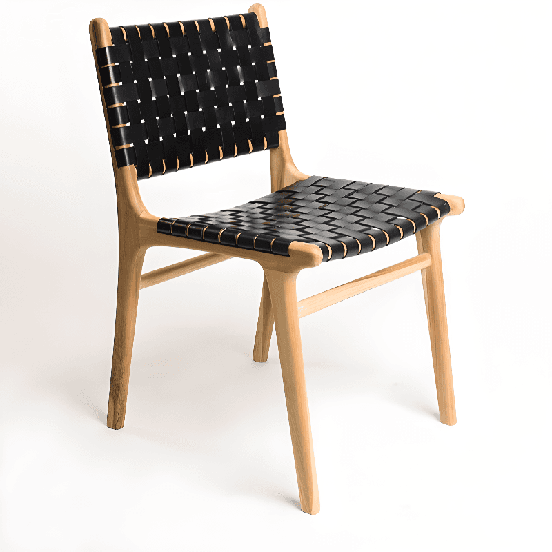 Modish Stable Genuine Leather/Rope/Faux Leather Woven Side Chair with Wood Framed Open Back and Natural Finish/Brown Base thumbnail 1