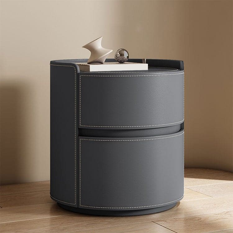 Chic Modern Round Nightstand with Light Wood Tone Faux Leather and Numerate Two Drawer Storage thumbnail 3