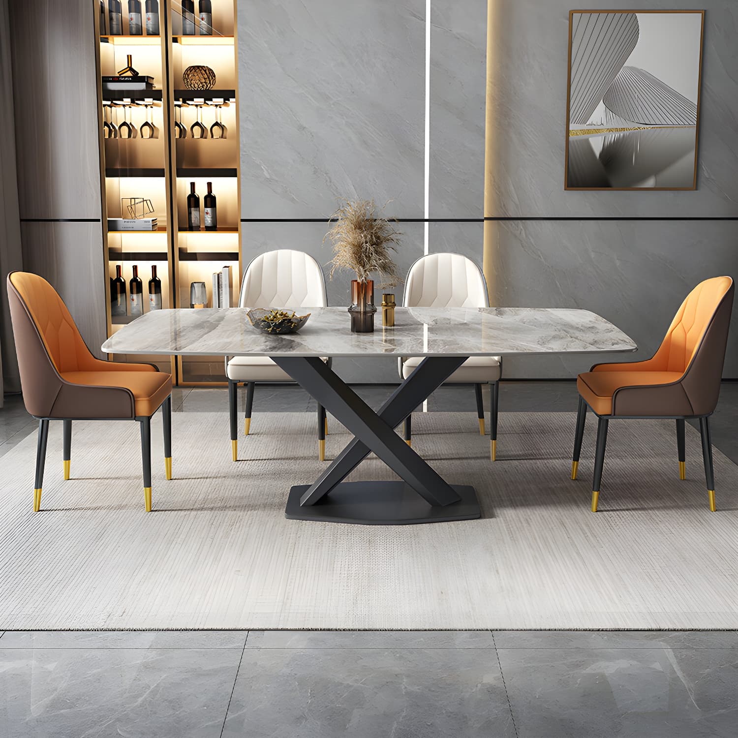 Modern 5/7-Piece Dining Set with Upholstered Chairs in Beige and Slate Table Top thumbnail 1