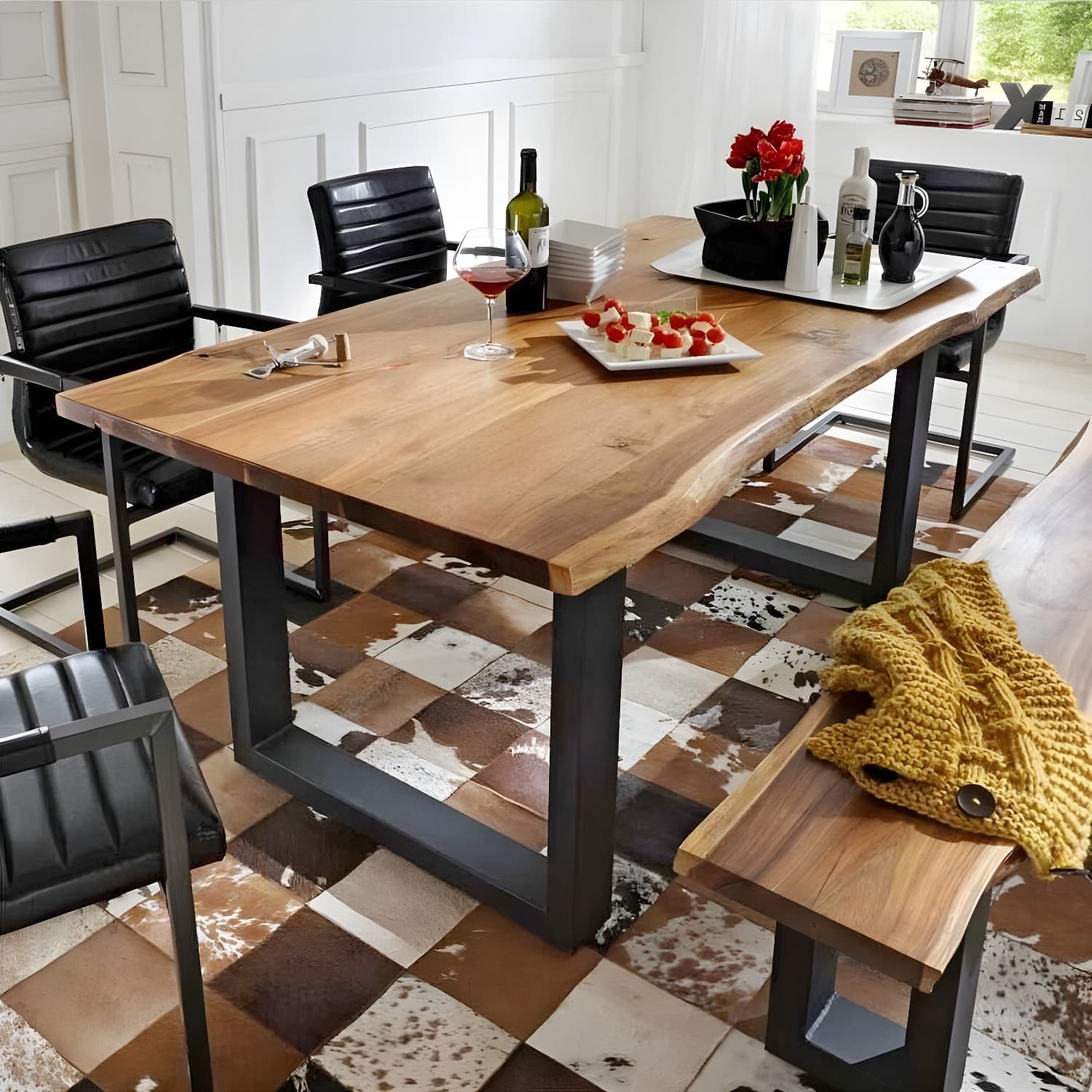 Rectangle Double Pedestal Industrial Dining Table Fixed Table of Solid Wood thumbnail 3