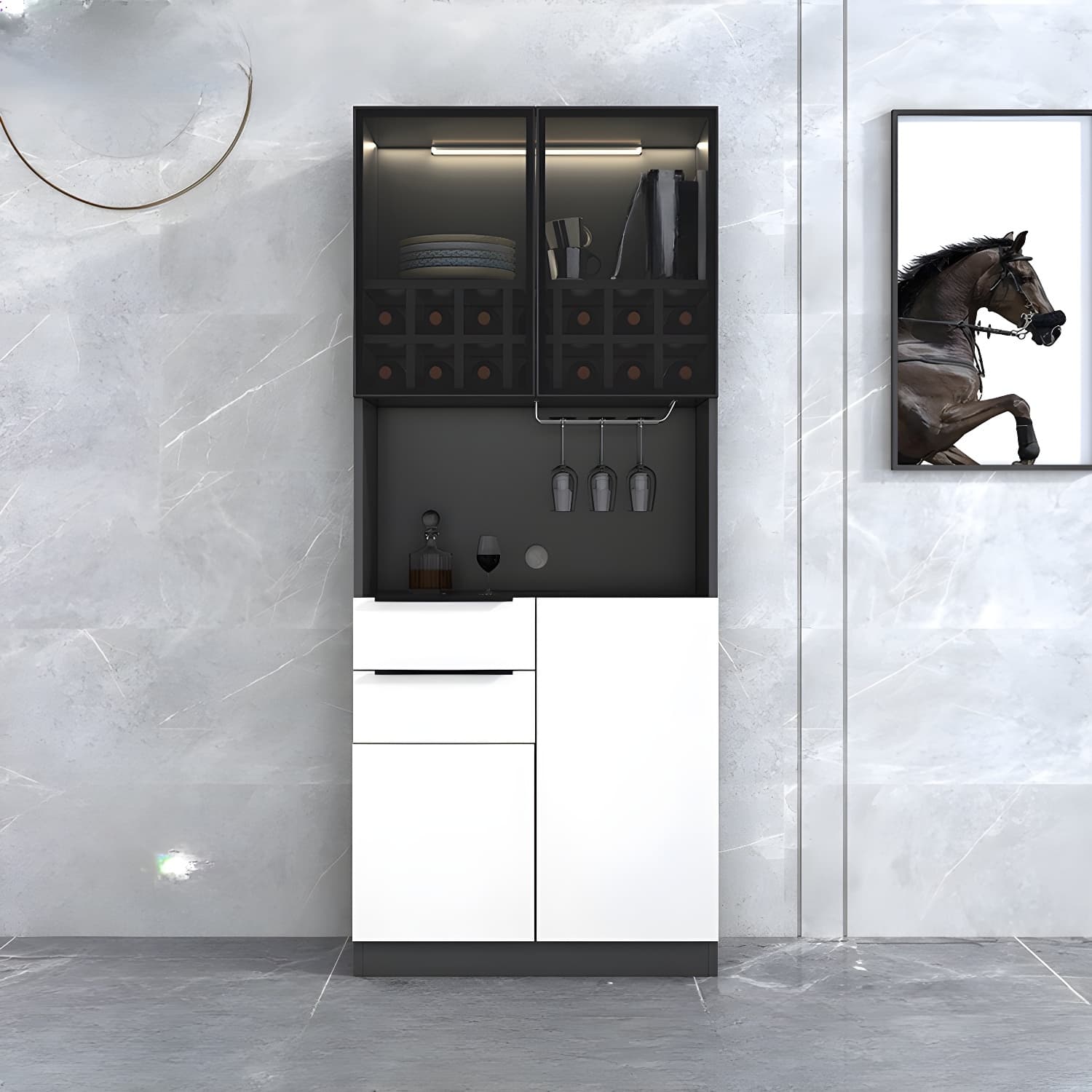 Luxurious Dark Wood Sideboard with Glass Doors and Elegant Stemware Rack
