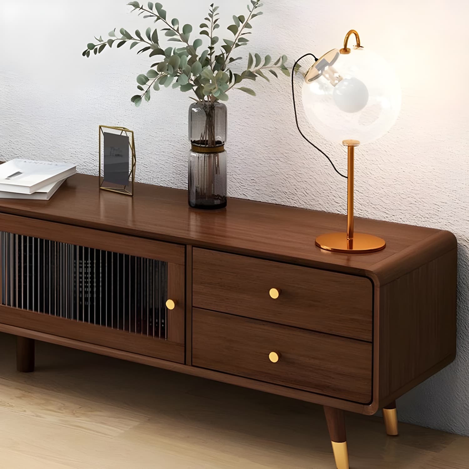 Scandinavian Style Low Height Wood TV Stand With 2 Drawers and Cabinet, Size 15.7'' x 17.7'' thumbnail 9