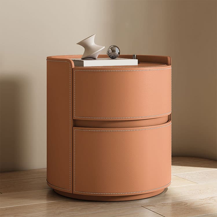 Chic Modern Round Nightstand with Light Wood Tone Faux Leather and Numerate Two Drawer Storage thumbnail 10