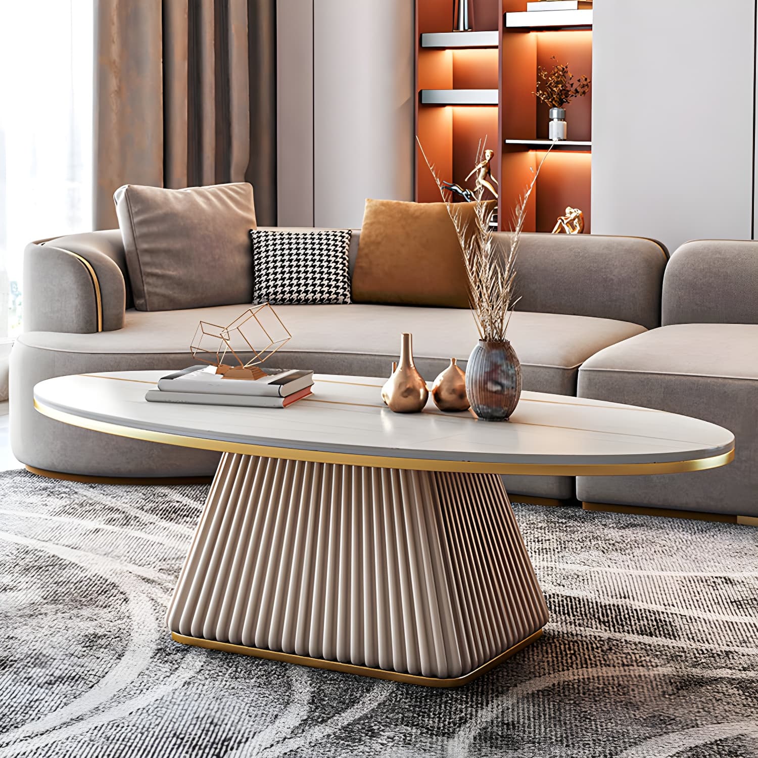 Glam Metal and Slate Cocktail Table Pedestal Coffee Table for Living Room thumbnail 15