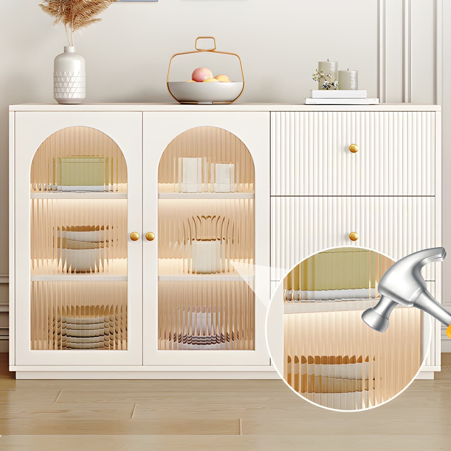 Glam White Wood Sideboard Credenza with Glass Doors and Adjustable Shelves thumbnail 2