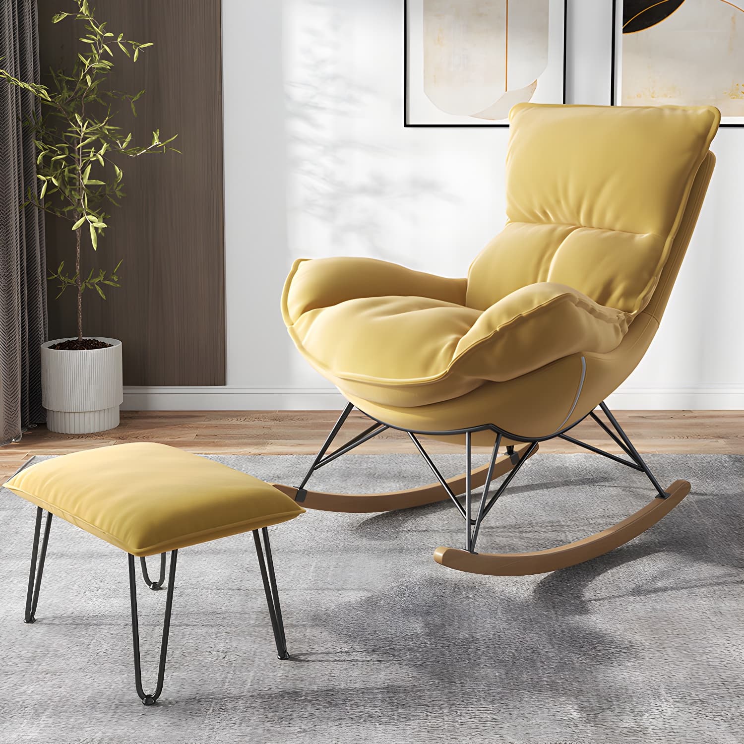 Contemporary Rocking Chair Faux Leather Water Resistant Plain Rocker Chair with Ottoman thumbnail 9