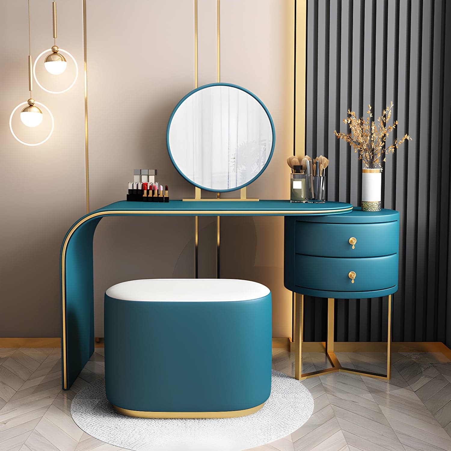 Genuine Leather Makeup Dressing Table with Mirror and Stool Set thumbnail 7