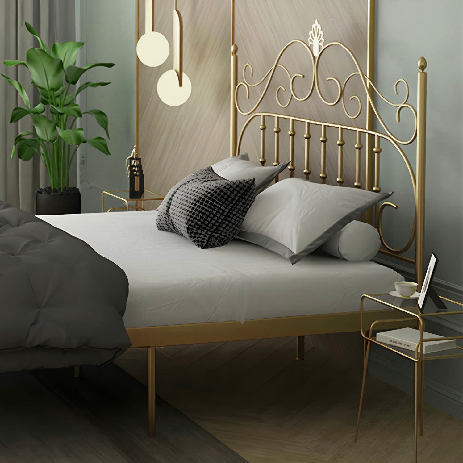 Glam Metal Bed Frame with Camelback Open-Frame Headboard and Footboard thumbnail 7