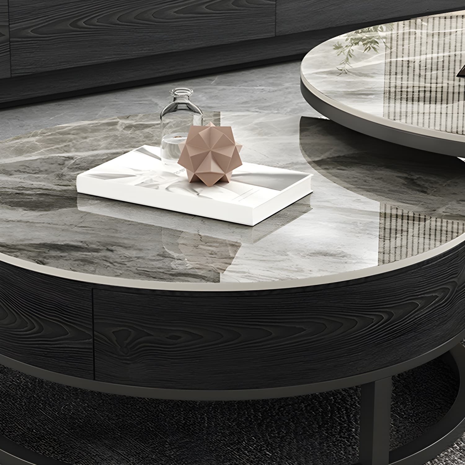 Set of 2 Round Stone Top Modern Nesting Tables with Black Metal Frames and Drawers Included thumbnail 10