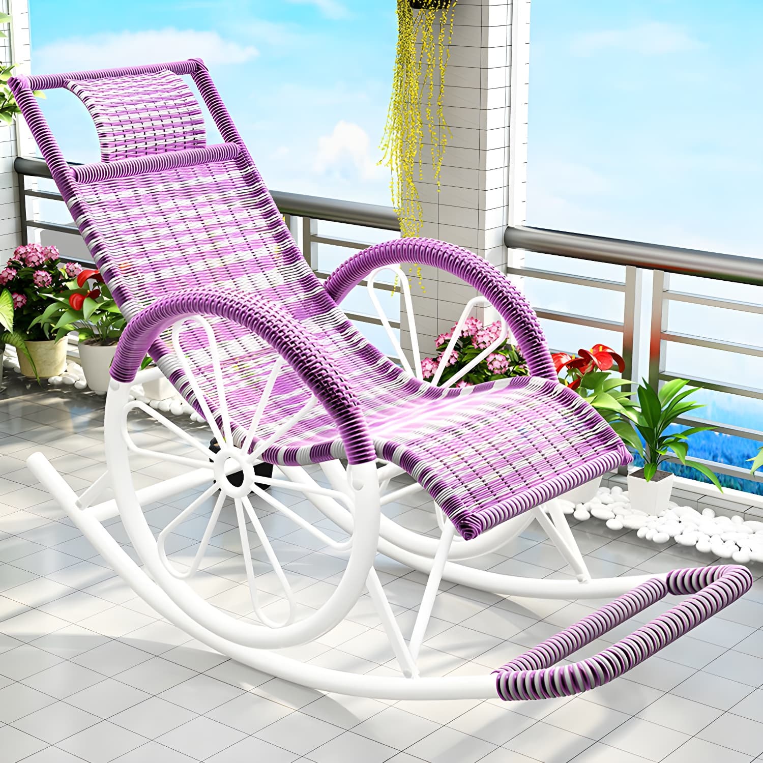Modern Spindle Rattan Rocking Chair Metal Frame Wheel Handrail Design Rocker Chair thumbnail 17