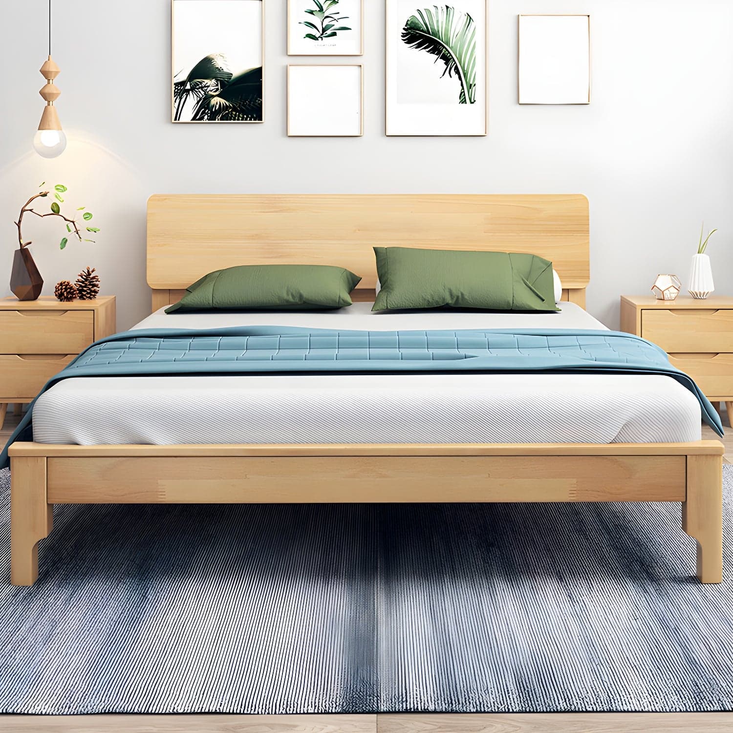 Scandinavian Solid Wood Bed with Rectangle Headboard and 4 Legs thumbnail 1