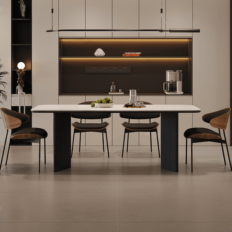 Minimalist Dining Table Set with Two-sided Pedestal, Fixed Table, Padded Chair with Back, and White Table Top thumbnail 3