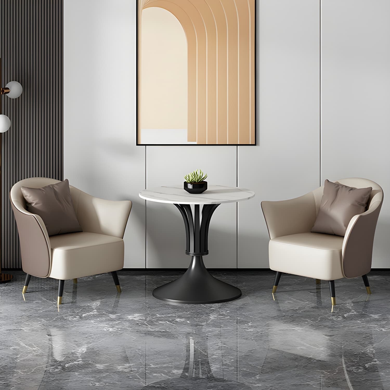 Metal Glam Dining Set with Padded Chairs 1/2/3/5 Pcs White Stone Dining Table Set thumbnail 2