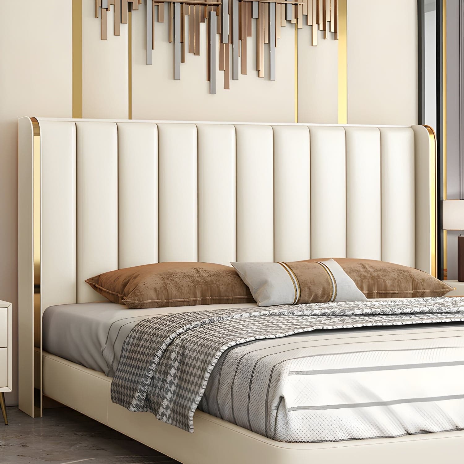 Modern Upholstered Leather Wingback Headboard with Wood Legs and Rectangular Shape thumbnail 5
