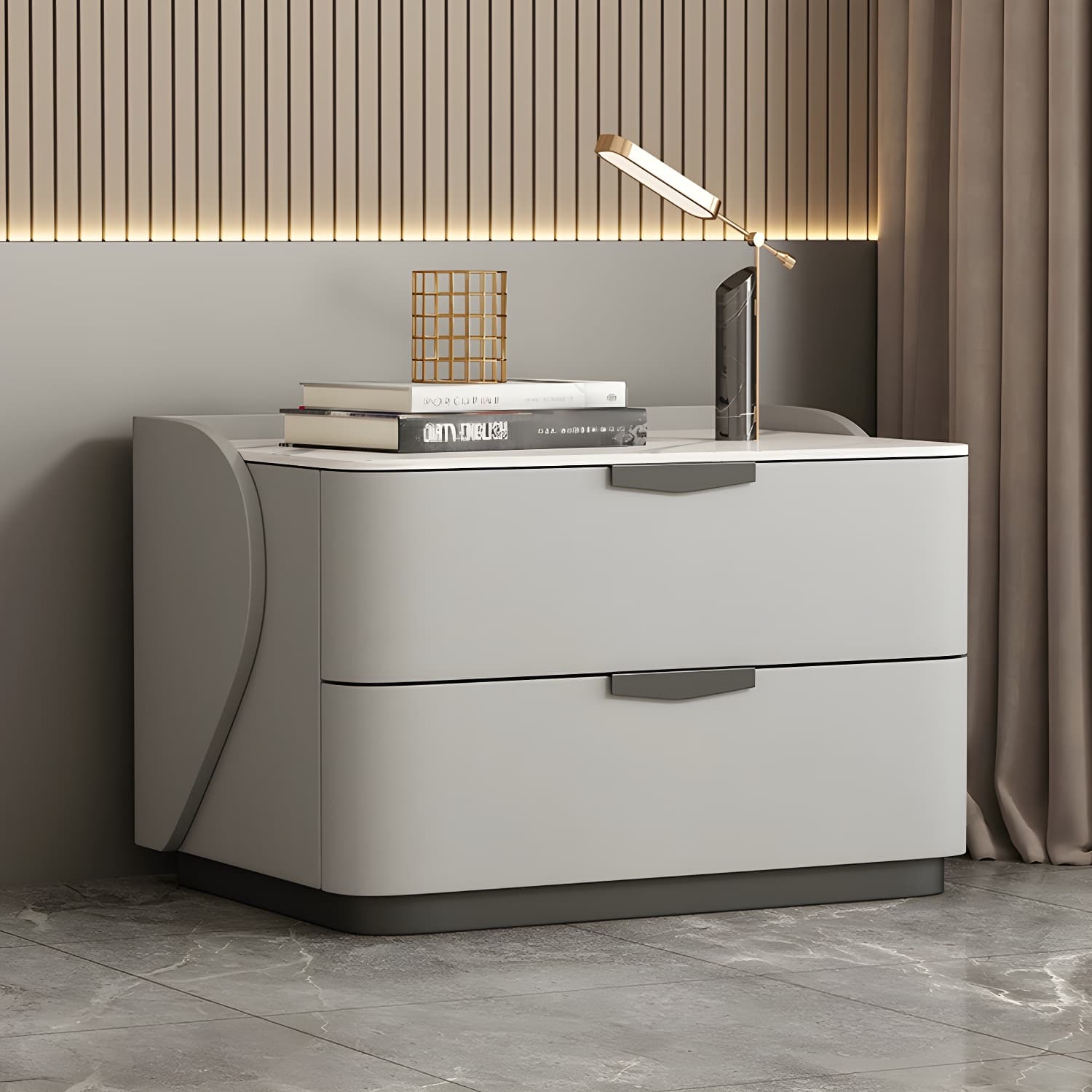 Modern Faux Leather Nightstand with Two Drawers in Light Wood thumbnail 5