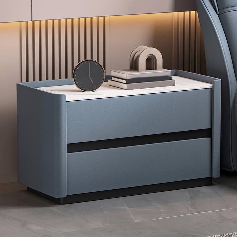 Modern Faux Leather Nightstand with 2 Drawers in Stone Countertop thumbnail 1