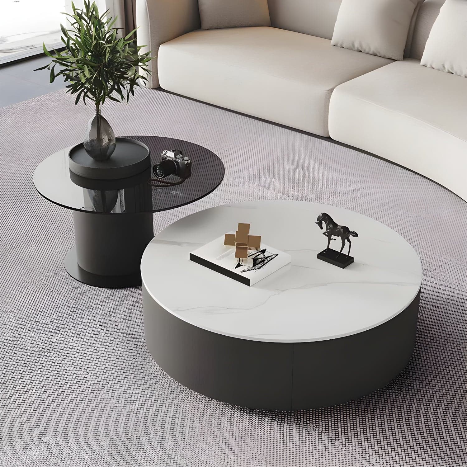 11"H Contemporary Coffee Table Round Coffee Cocktail Table with Drawer thumbnail 2
