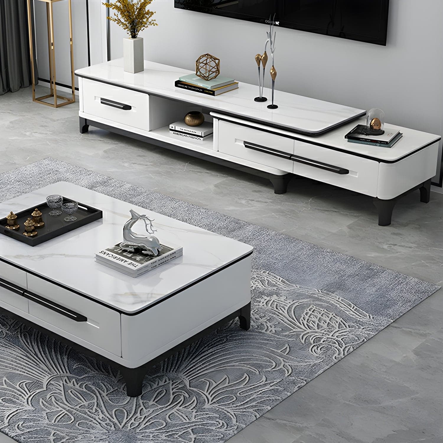 Modern Stone TV Stand with Long Length, Open Storage and Drawers featuring Wood Shelves thumbnail 1