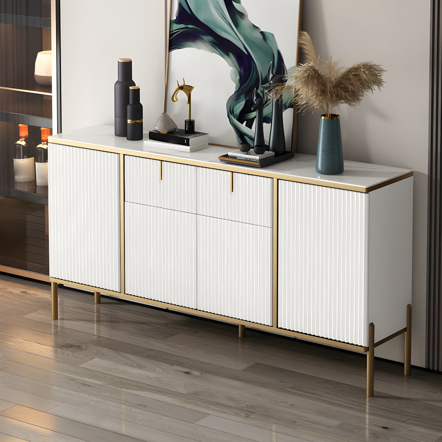 Glam Sideboard Stone Top Sideboard with Door for Living Room thumbnail 5