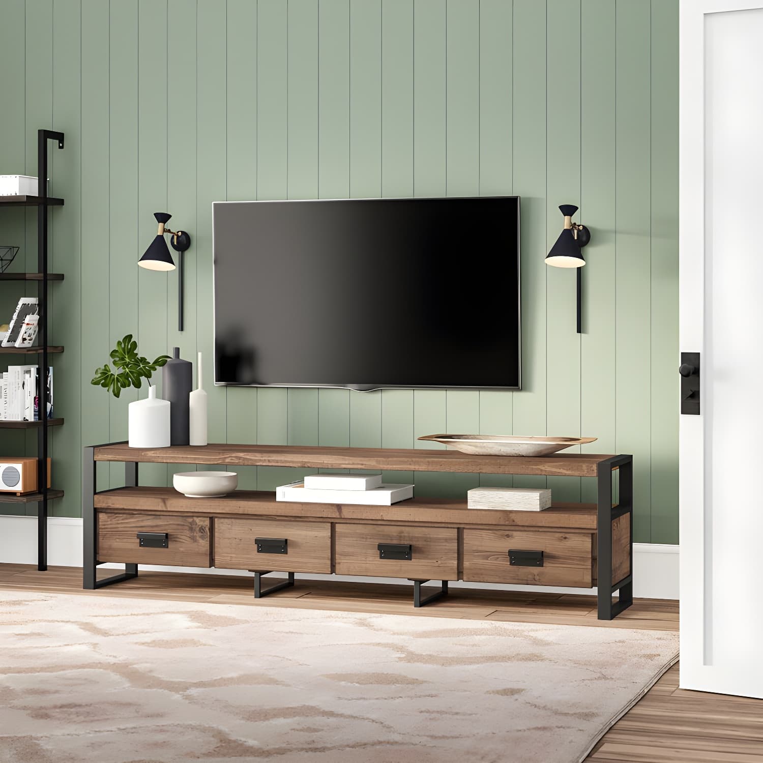 Industrial Wood TV Stand Console Open Storage TV Media Stand with Drawers for Living Room thumbnail 4