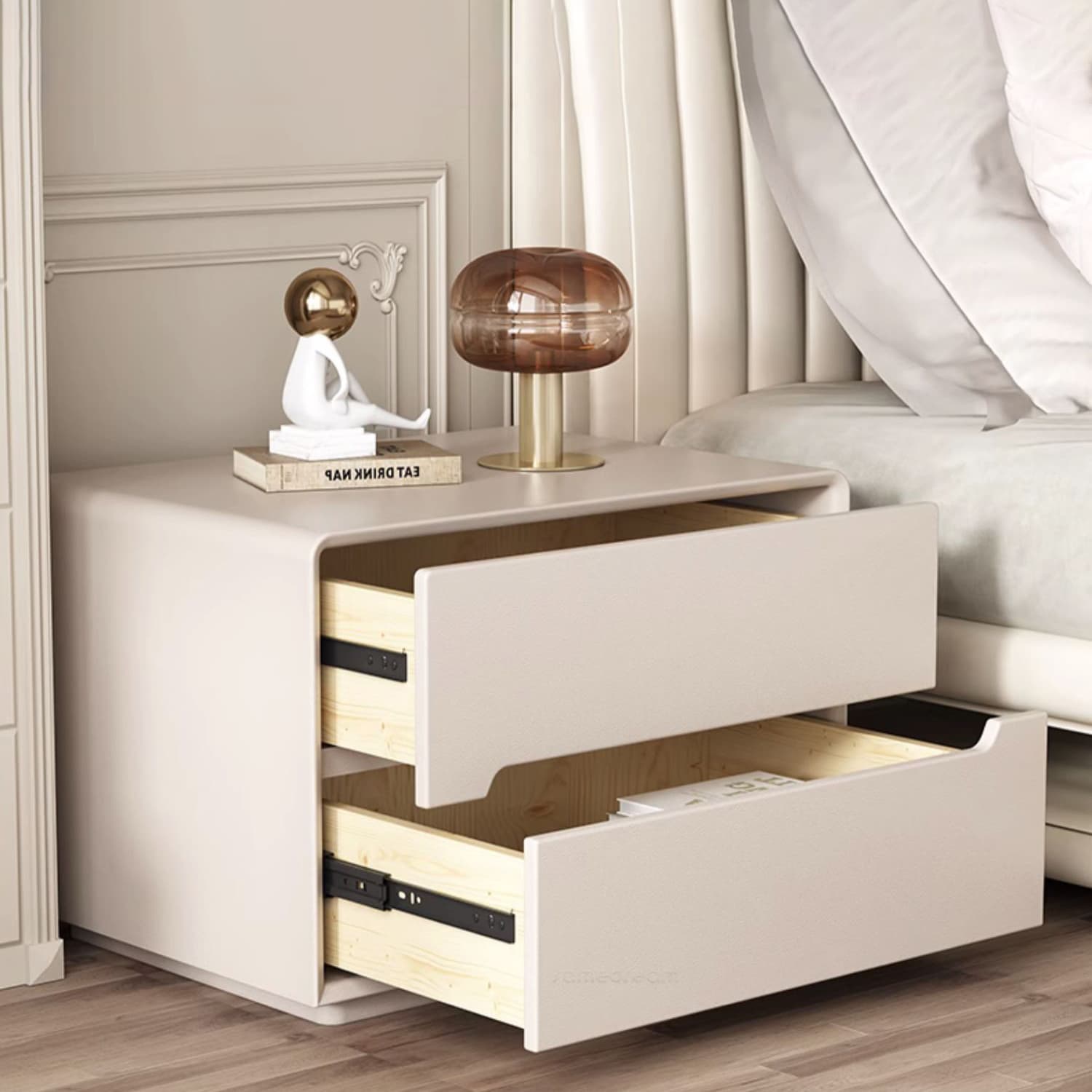 Modern Faux Leather Nightstand with 2 Drawers & No Distressing - Light Wood Tone thumbnail 9