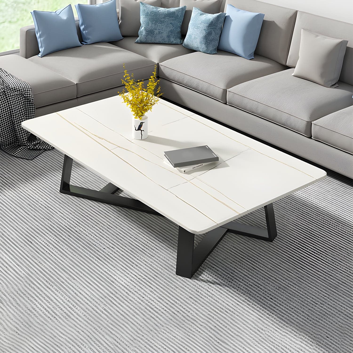 Modern Rectangle Coffee or End Table Stone and Steel Coffee Table with Cross Legs thumbnail 4