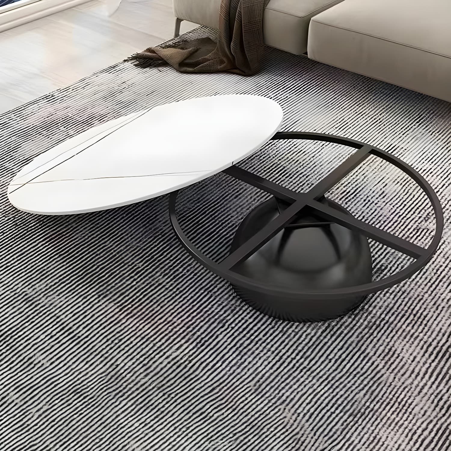 Round Stone Glam Coffee Table with Pedestal Iron Base and Built-in Storage thumbnail 9