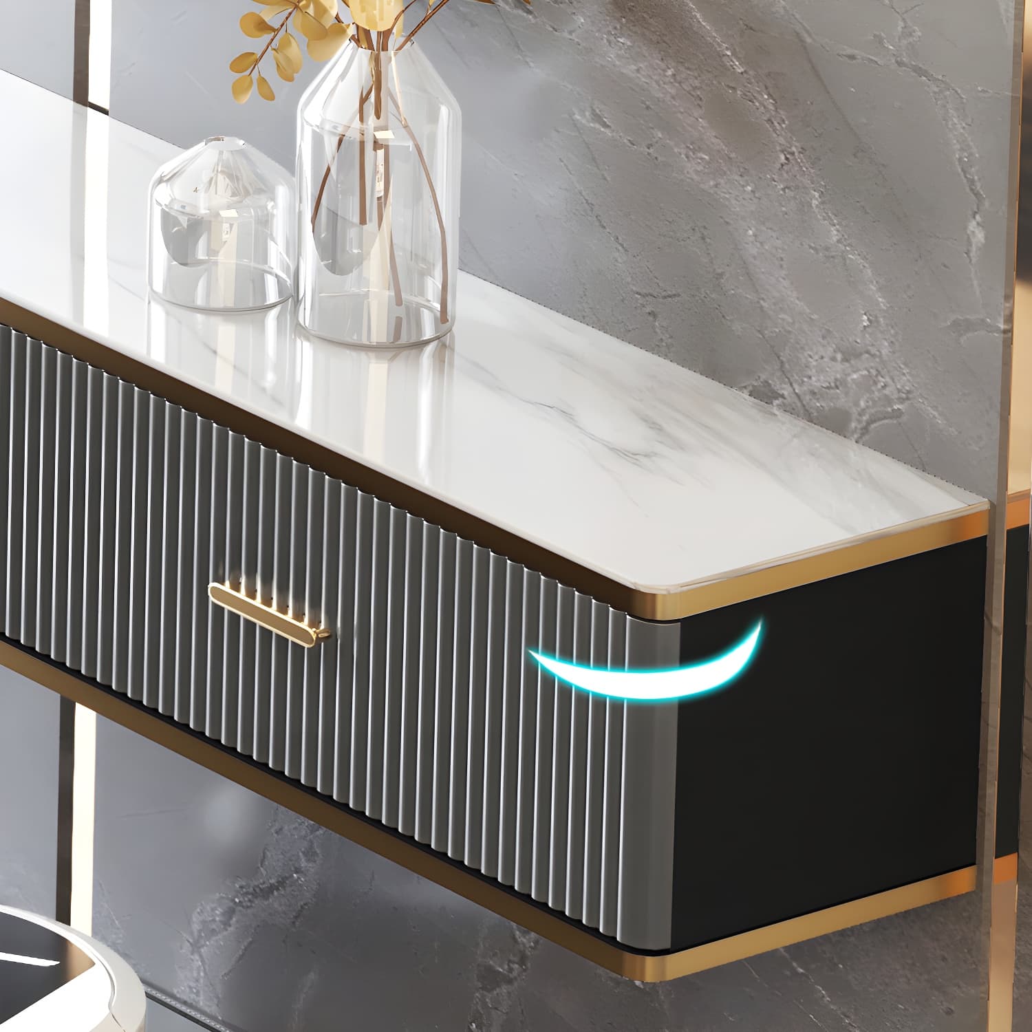 Glam Floating TV Media Stand with Drawers Stone and Wood TV Stand thumbnail 9