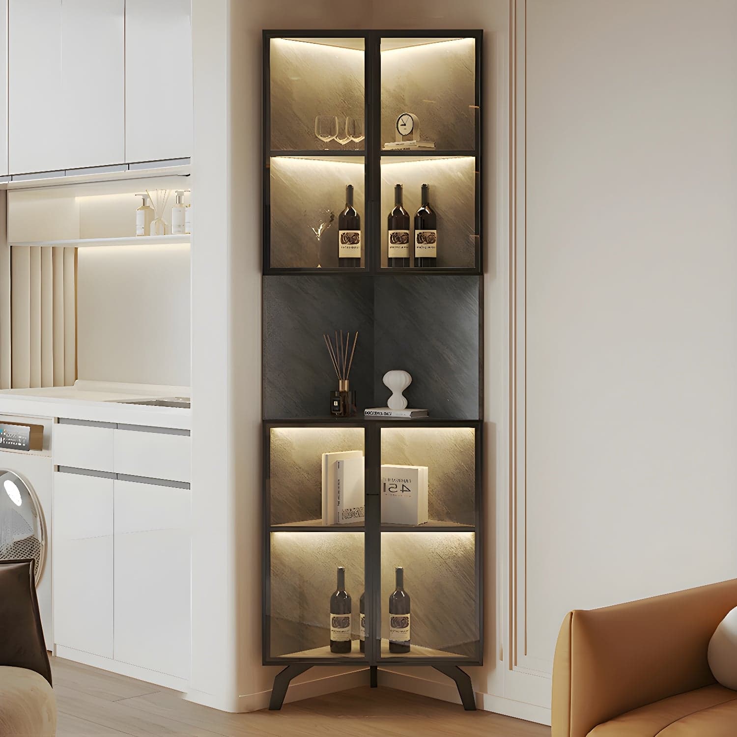 Modern Corner Glass Door Accent Cabinet with Black Metal Base thumbnail 5
