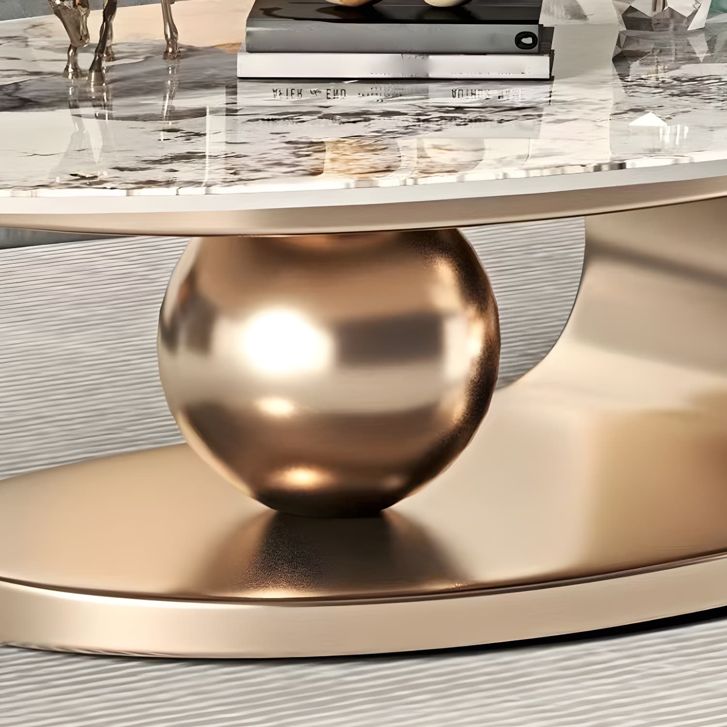 Glam Stone Coffee Table - Beige Oval Shape with Abstract Stainless Steel Base and Scratch Resistant thumbnail 10
