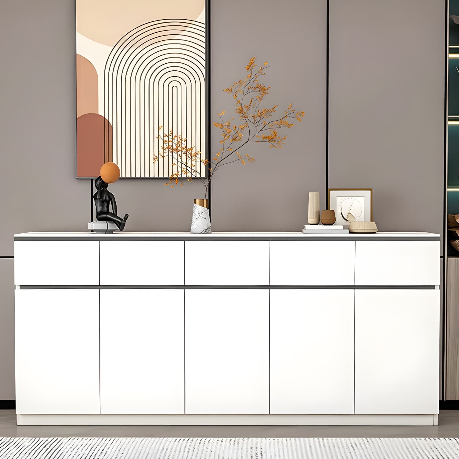 Modern Wood Sideboard Credenza with Drawers and Cabinets - Stone Countertop - image 4