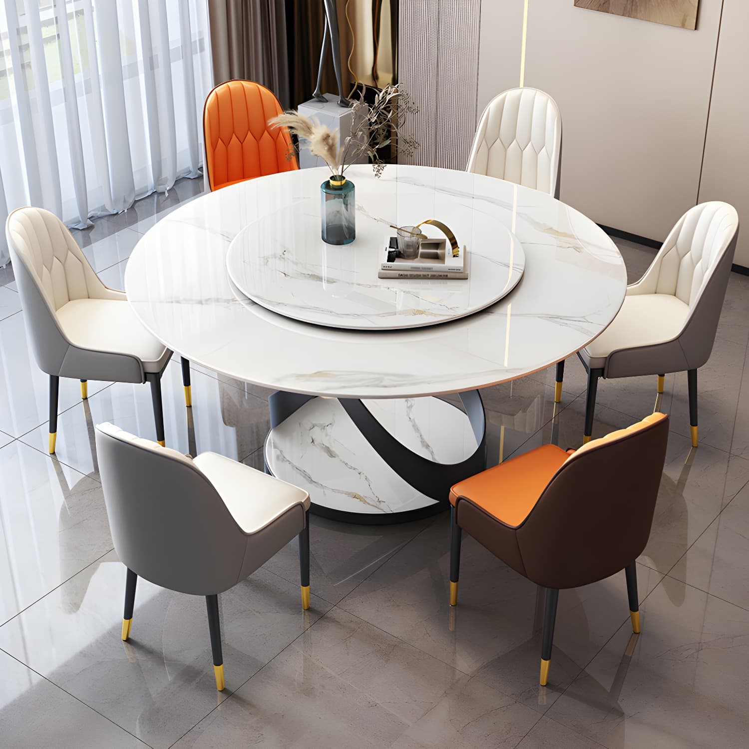 Modern Round Stone Top Lazy Susan Dining Table with Black Steel Pedestal thumbnail 6