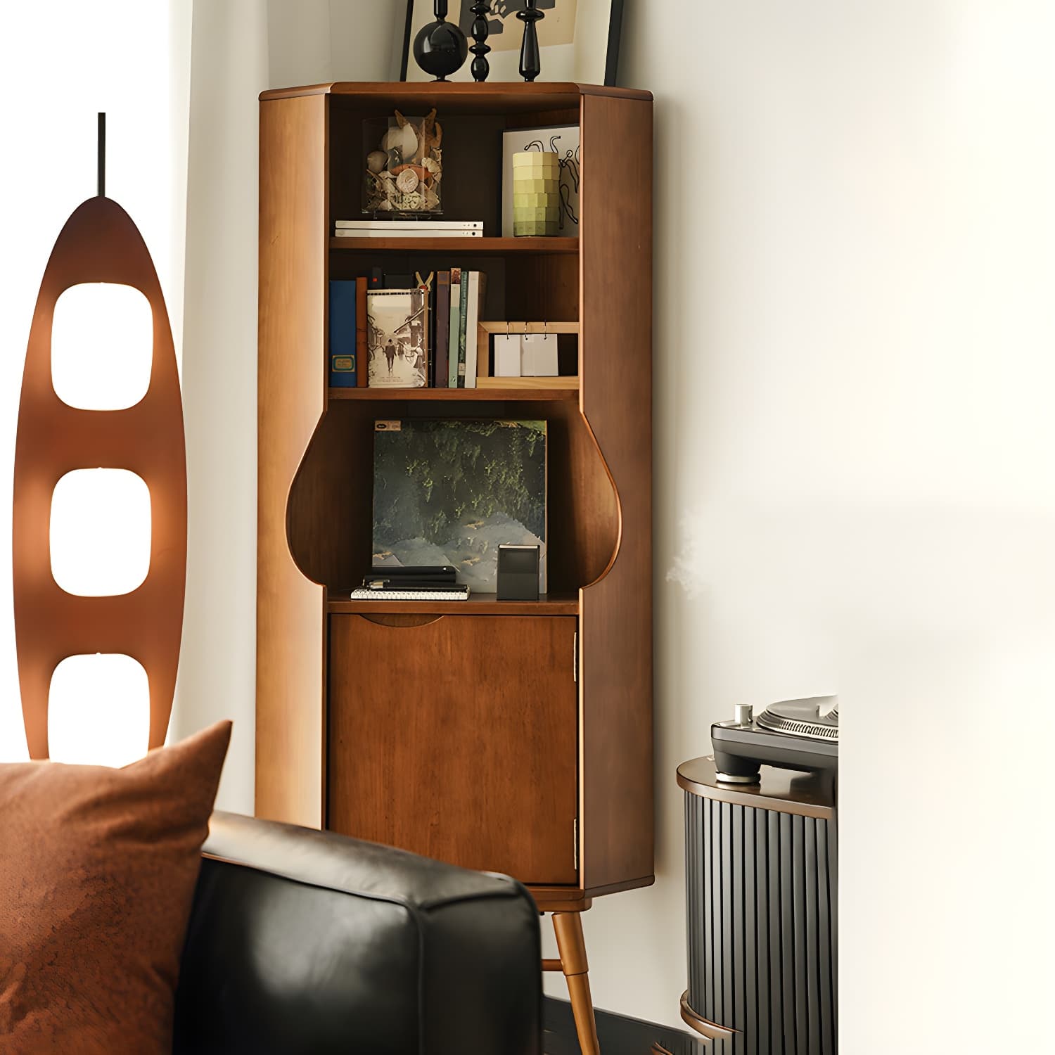 Corner Mid-Century Modern Accent Cabinet with Wood Countertop, Glass Doors, and 5 Shelves thumbnail 6