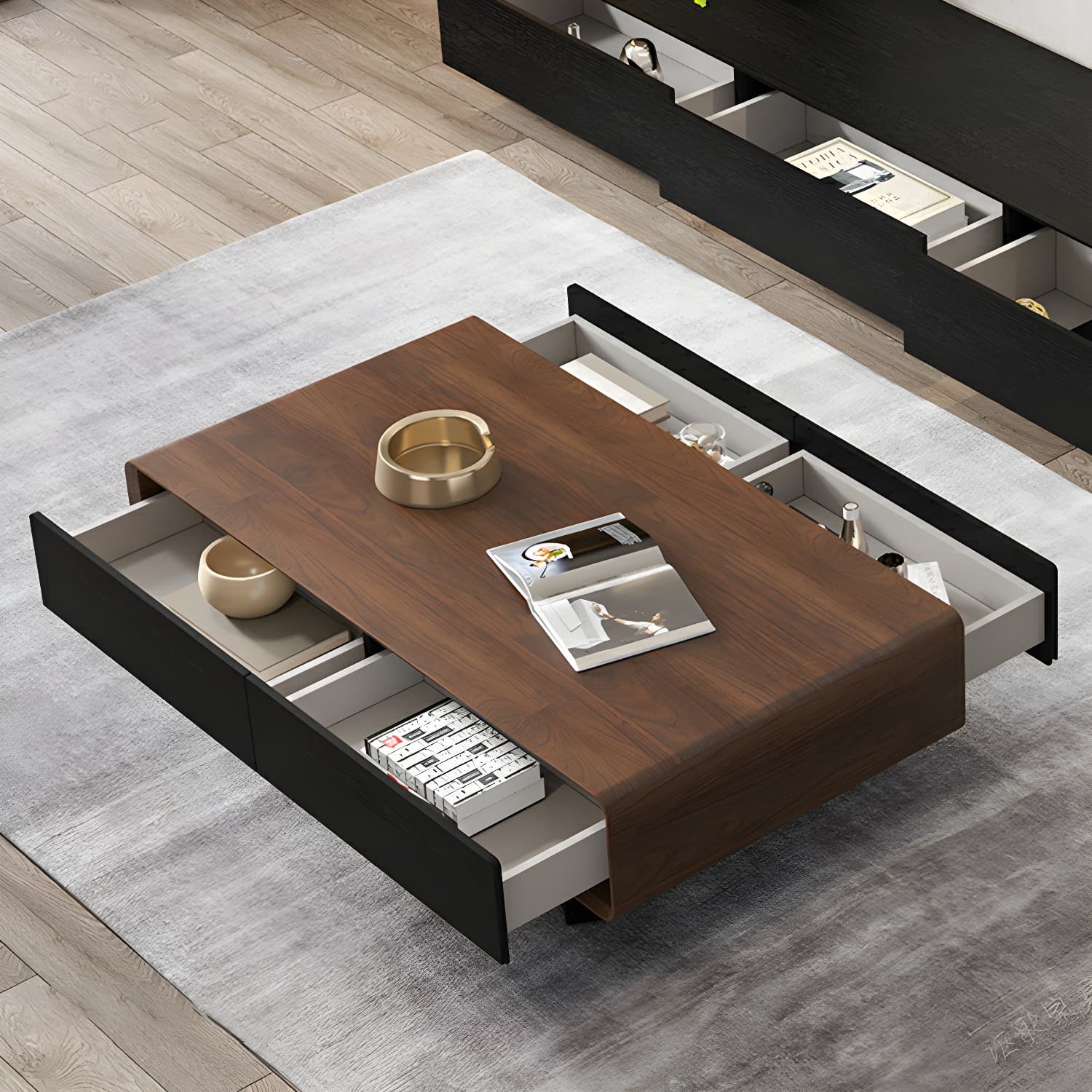 Rectangular Wood Modern Coffee Table with Black Metal Cross Legs and Storage Drawers thumbnail 14