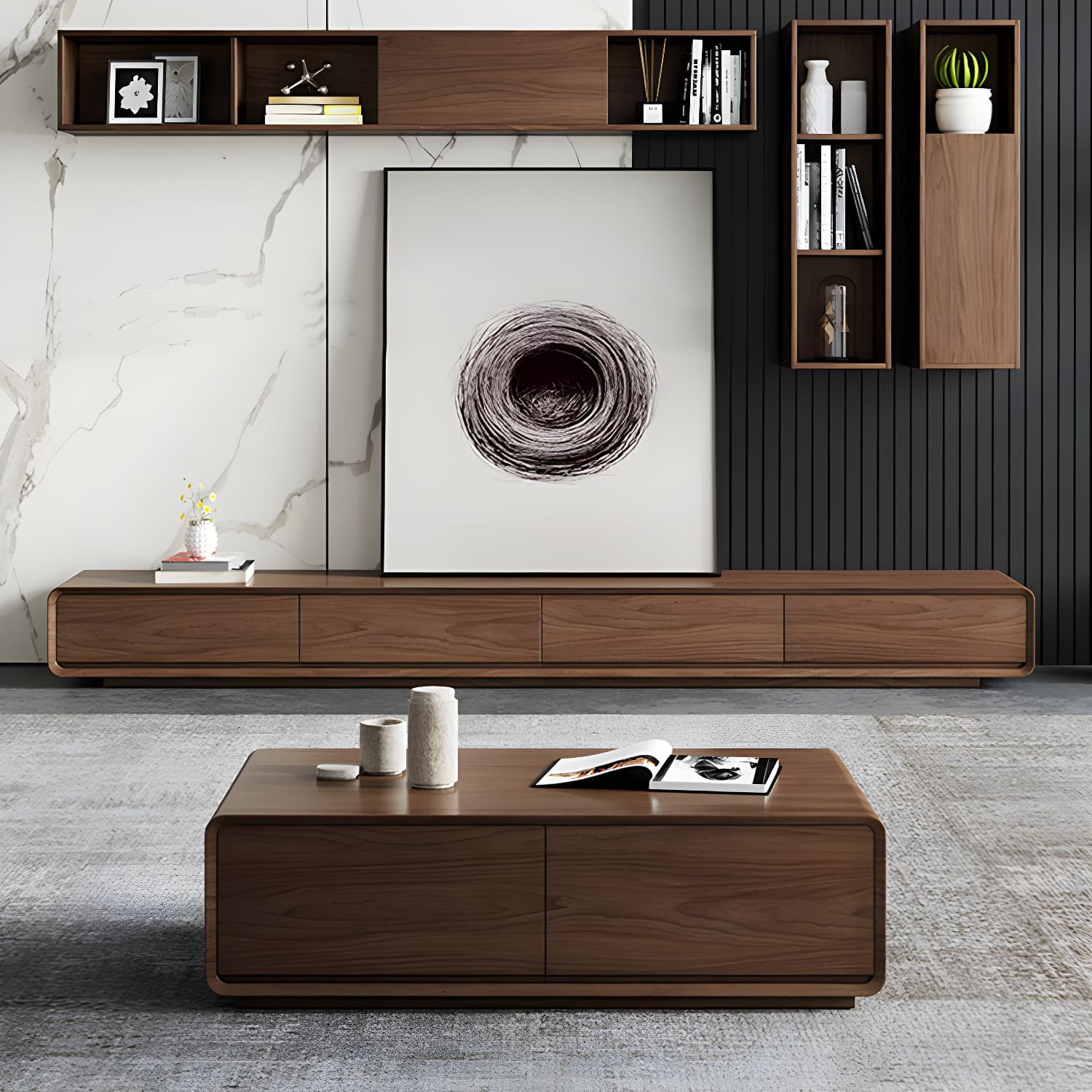 Nordic TV Cabinet Walnut Living Room Furniture Small Family TV Stand Console thumbnail 3