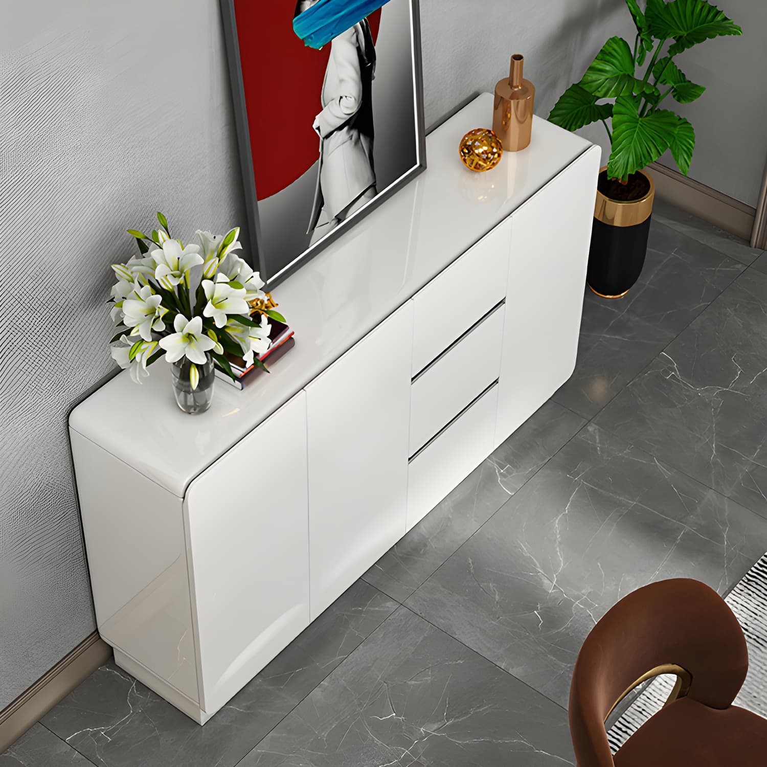 White Modern Sideboard Credenza with Adjustable Shelving and 3 Drawers thumbnail 4