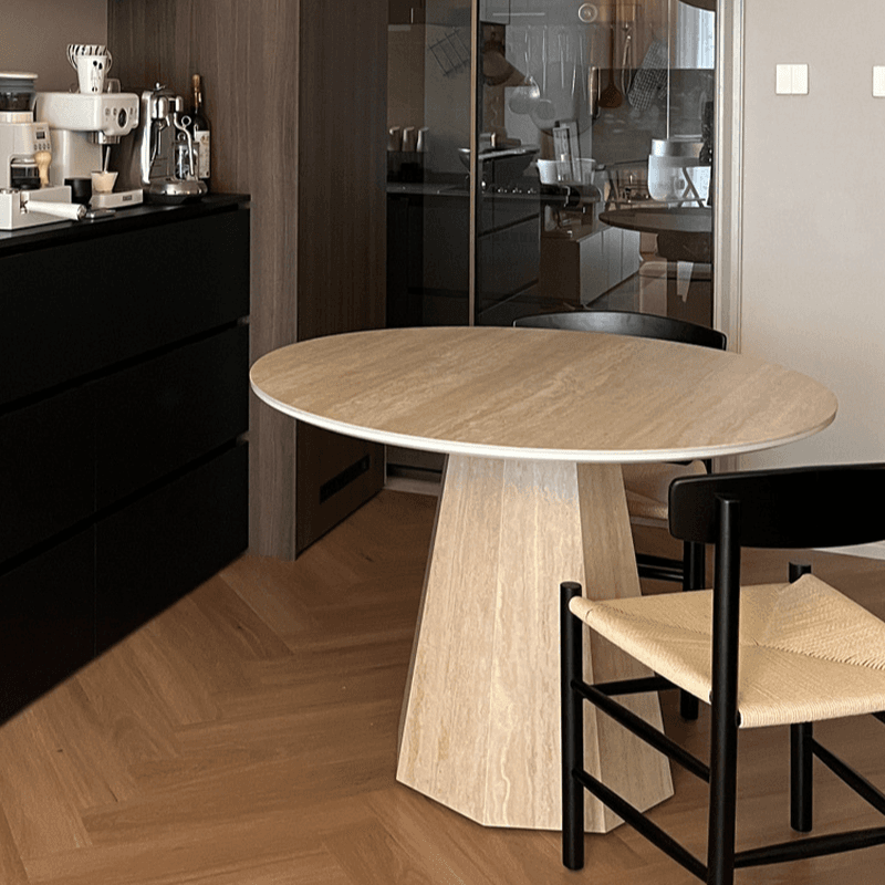 Retro Rounded Slate Dining Table Set with Stump Base, Fixed Mechanism, Unfinished Top thumbnail 2
