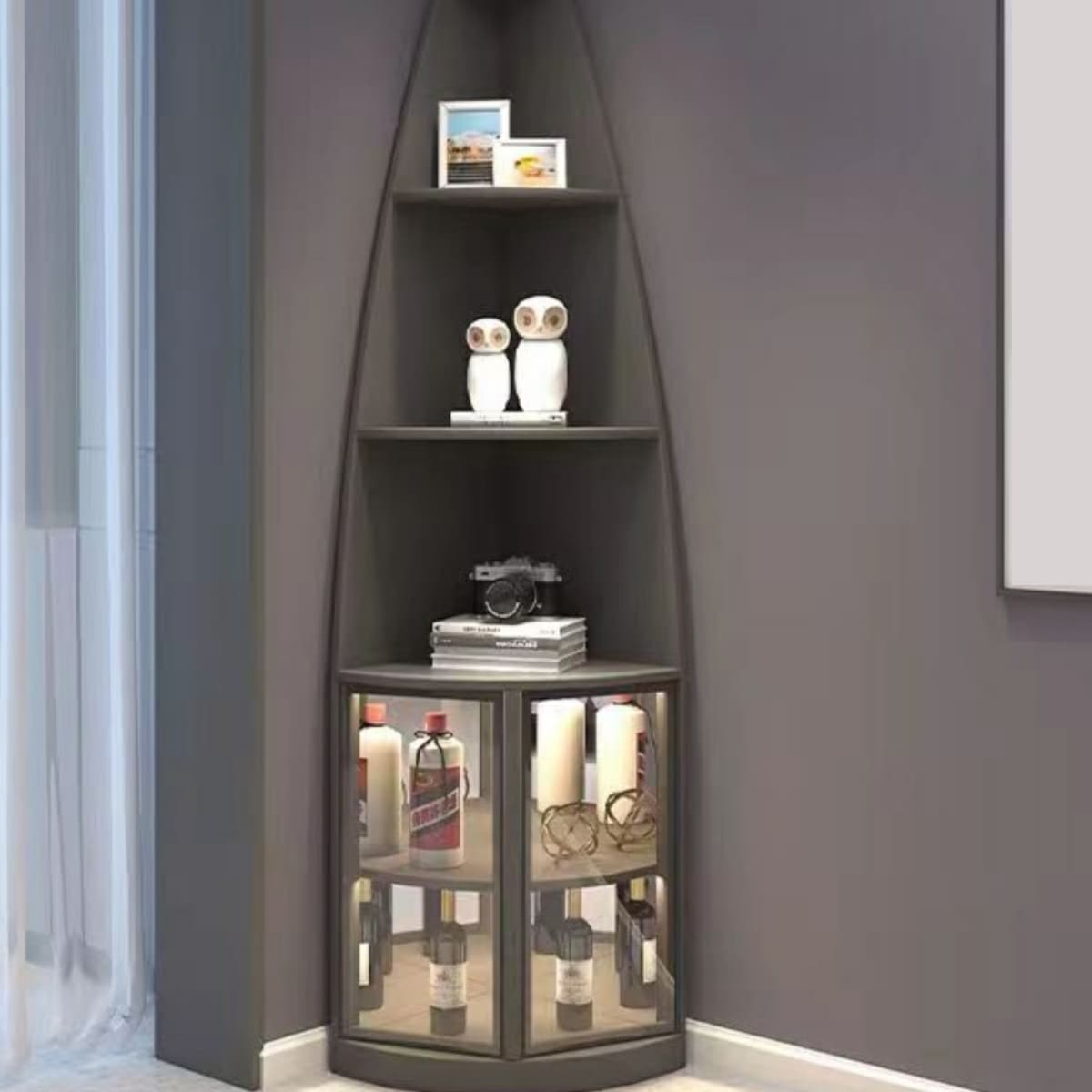Corner Modern Cabinet with Wood Counter Top and 4 Exterior Shelves thumbnail 5